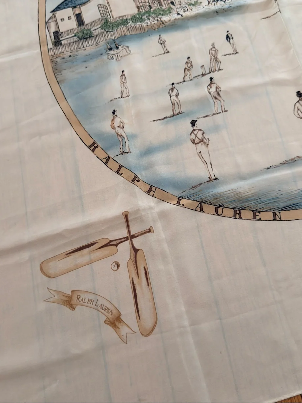 Ralph Lauren Rare 100 % Silk Cream and Blue Cricket Match Lg Scarf- approx 34”